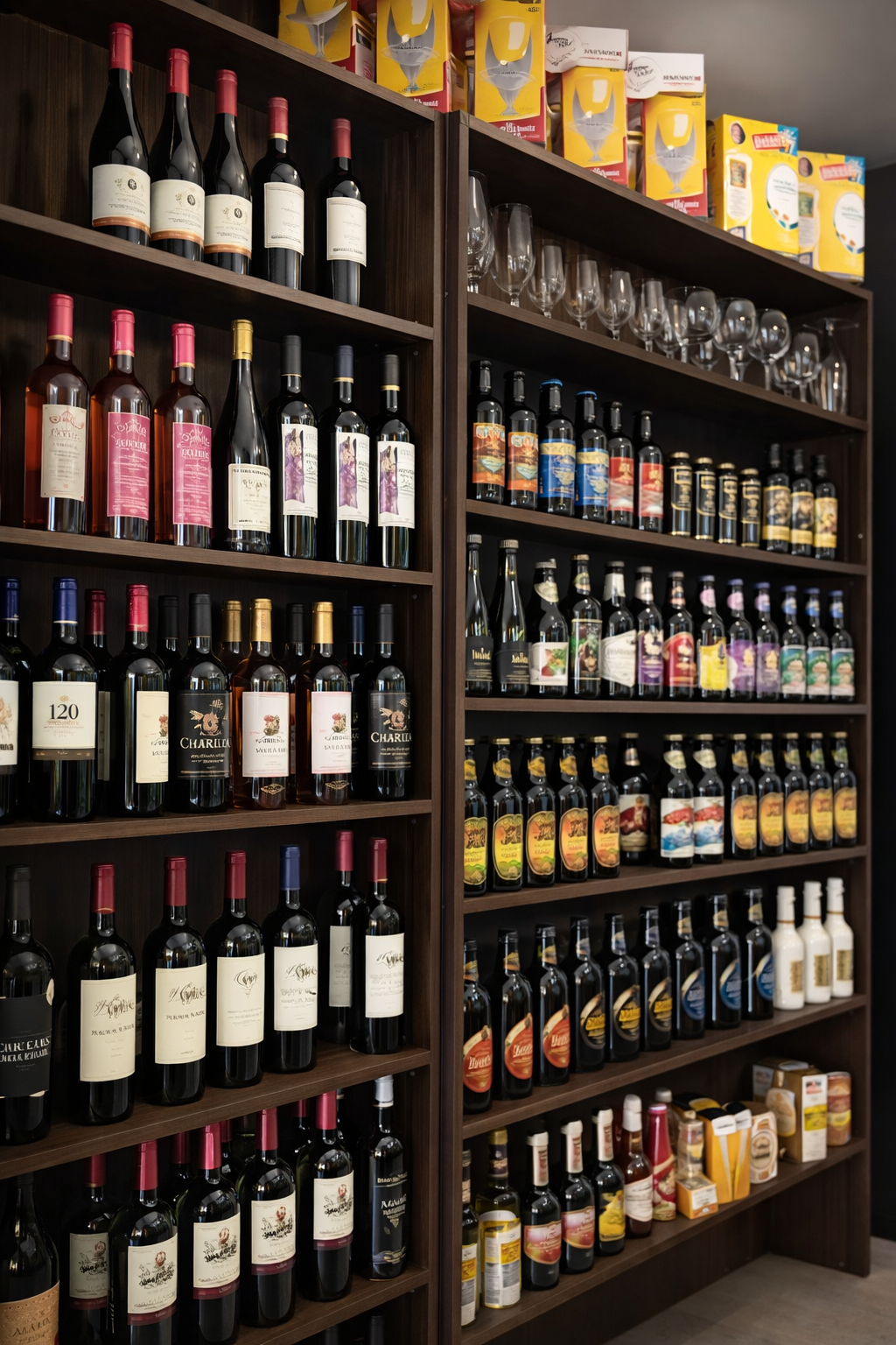 Prateleira de vinhos e bebidas selecionadas
